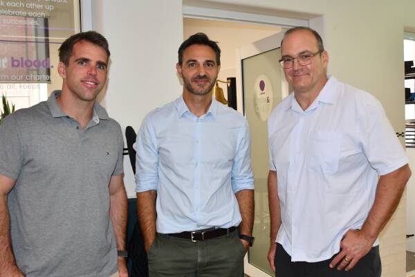 Tom Boot, Myriota, Simon Hareb, Core Innovation, and Steven Siciliano, EMS Soil Science at Lot Fourteen in Adelaide, where Mr Siciliano was a guest speaker at an AgriTech Meetup Group/Agribusiness Australia event. Picture Paula Thompson