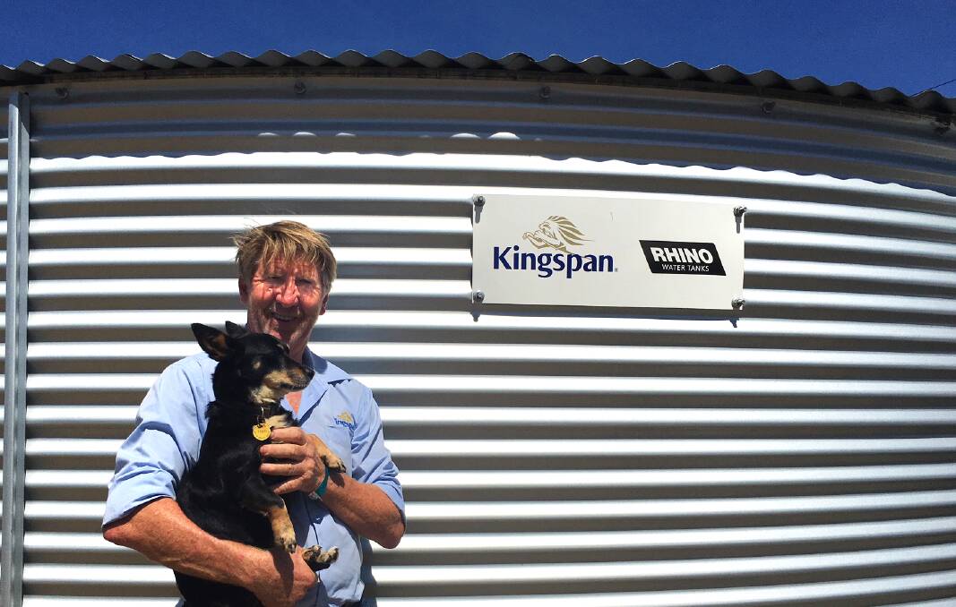 Kingspan Rhino sales representative, Ron James, and his sidekick Jorja, at the Sungold Field Days in Victoria's Western District.