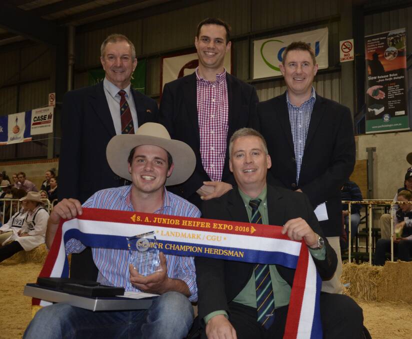 The 2016 senior champion herdsperson James Pitchford, Echunga with award sponsors; Landmark stud stock manager Gordon Wood; RA&HS of SA rural services manager Malcolm Buckby and CGU Insurance's James Caracoussis and Adam Keast.