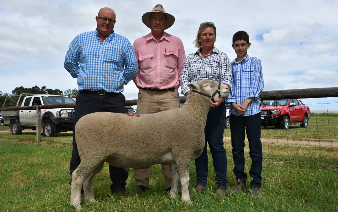 STUD PROSPECT: Elders Naracoorte's Alan Thomson (second from left) paid the $3000 equal top price for this ram for Yarrabera, Penola. He is with Morton stud's Scott and Emily Davidson and their son Lachlan.