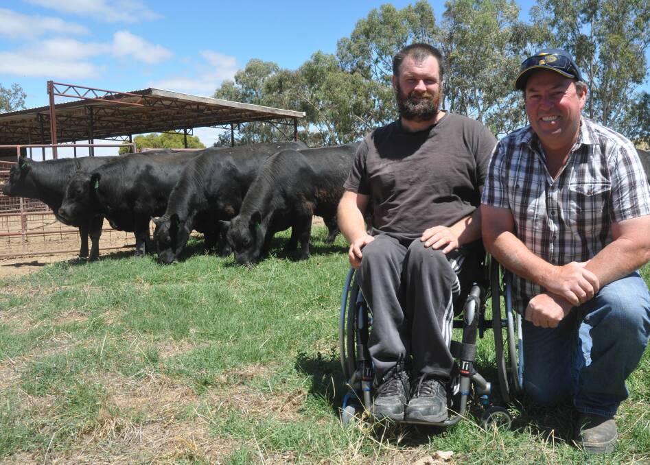 GENETIC BOOST: Mandayen cow herd overseer Simon Bayne and stud principal Damian Gommers, Keith, with a mob of yearling Angus bulls.