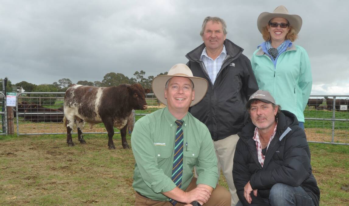 STUD RECORD: Andy Withers and Ali Volker, Belmore stud, Naracoorte (back) were thrilled to sell $42,000 top priced bull, Belmore Oregon L35. They are with auctioneer Gordon Wood and Scott McKay, Marschay, Creswick, Vic (front) who did the bidding for Royalla Shorthorns, Yeoval, NSW.