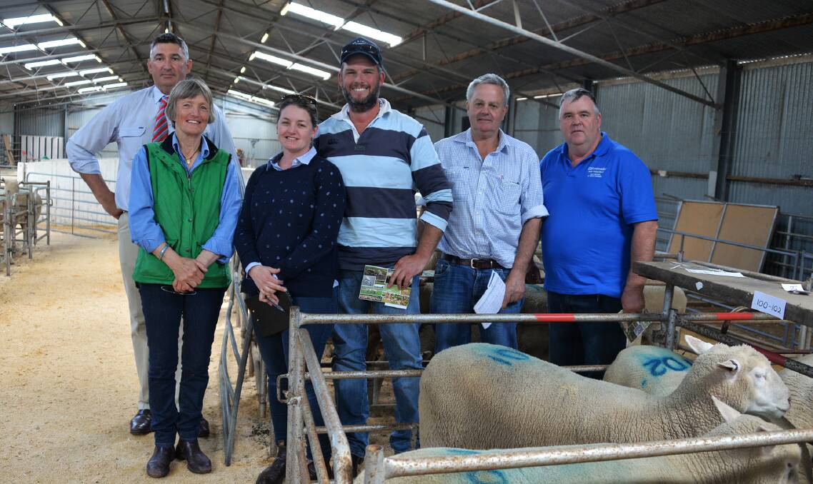 SAL auctioneer Laryn Gogel and Leenala’s Lyn Schinckel are with the biggest volume buyers at the Leenala final ewe dispersal sale;  Sarah and Ian James, Iona stud, Casterton (22 ewes), and Duncan Young, Livestock Marketing Pty Ltd, Poolaijelo, Vic, who bought 20 ewes. With them is the new National Poll Dorset Association president, Damon Coats, Donald, Vic, who bought two ewes and two ewe lambs.