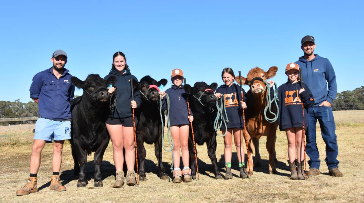 Winter Showdown organisers Ben Brooksby and Mason Galpin (right) with the Warrawindi Limousin team of Mia Gartner, Addison Wilson, Ruby Gartner and Sophie Wilson who are looking forward to the event. Picture by Catherine Miller