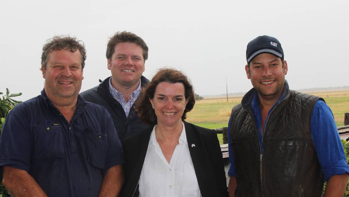 MINISTERIAL VISIT: Dean Goode and son Tom, Barooka, Wangolina welcomed Assistant Federal Minister for Agriculture Anne Ruston and Livestock SA Southern region secretary Tom Dawkins to their property prior to the meeting.