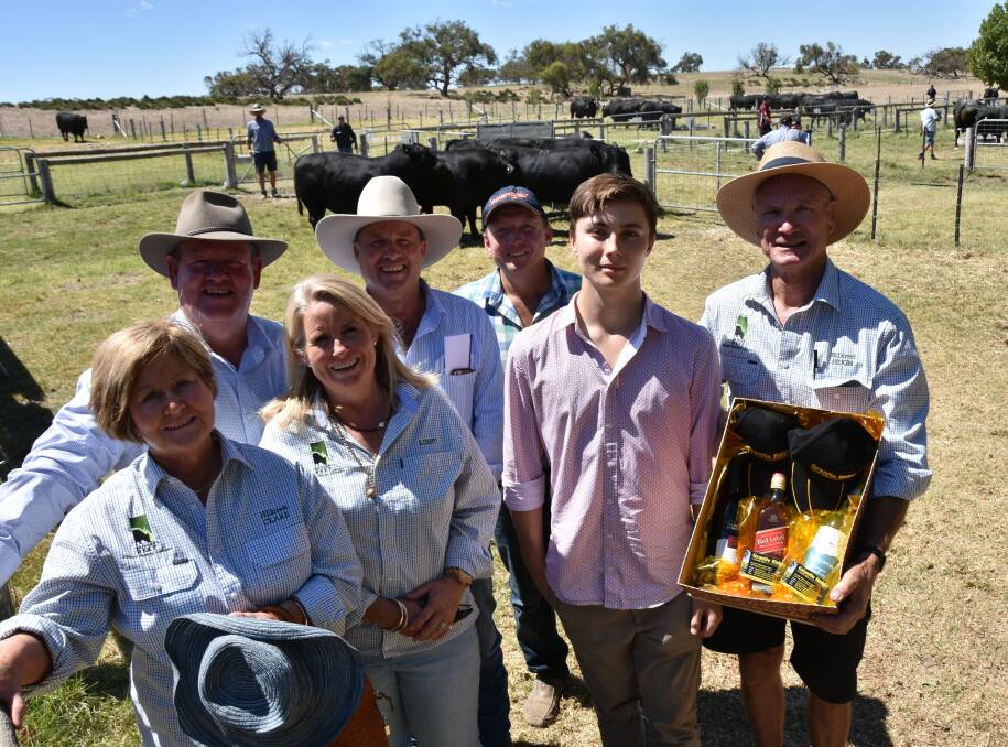 Three volume buyers secured nearly half of the Granite Ridge catalogue. Pictured are Clare Bainger, Libby Creek and Hugh Bainger, Hillcrest Pastoral Co, Avenue Range; Platinum Livestock's Wayne Hall and Bruce Creek, Kiwi Blue and White Corsair, Kangaroo Island and Paul and Mitchell Smith, Tieyon Station, via Alice Springs, NT.