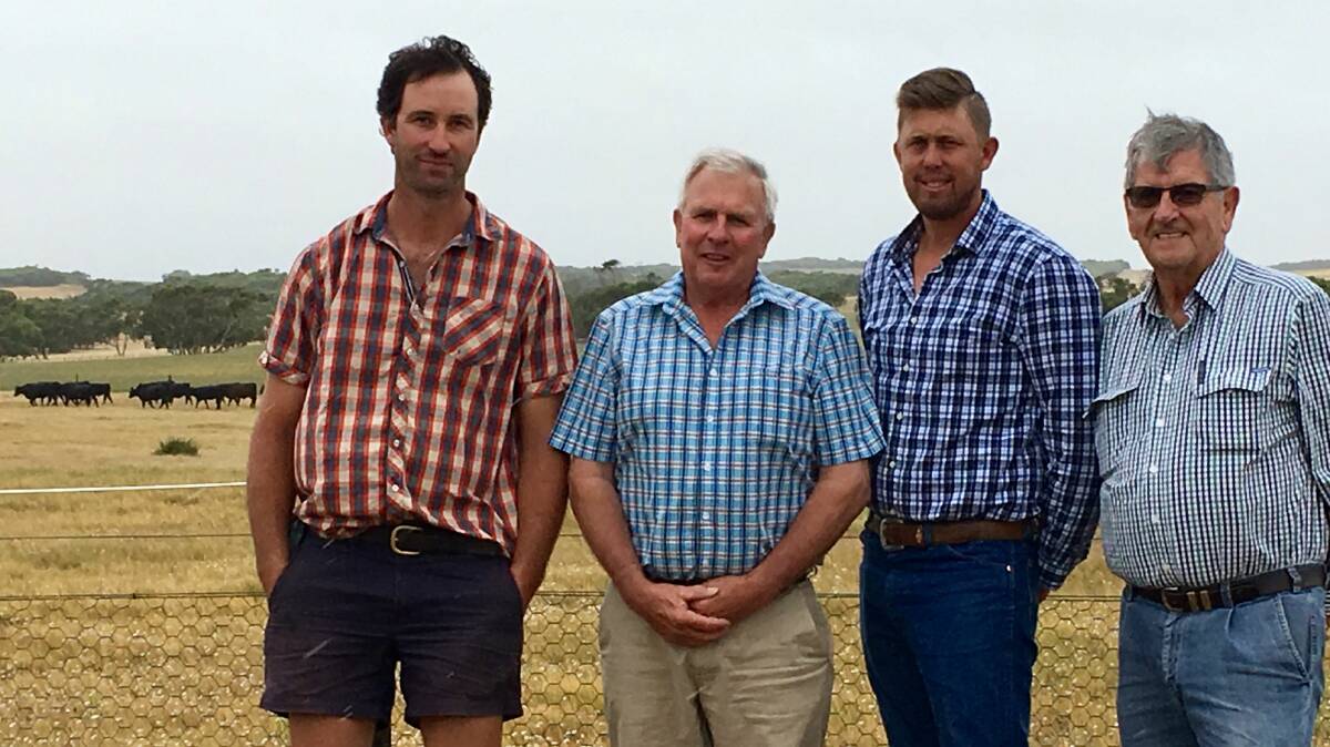 Coorong farmers Adam Merry, Jason Schulz and John Tilley met with Australian Conservative Party MLC Robert Brokenshire (second from left) at a farm south of Meningie this week, to discuss the issue of high livestock water prices.