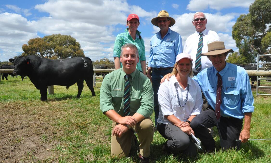 Diana and Ross Friedrich, Rossrich Angus stud, Gerogery, NSW bought the $41,000 sale topper at Pathfinder's SA sale. They are with Landmark auctioneers Kevin Norris and Gordon Wood and Pathfinder stud principals Sara and Nick Moyle.