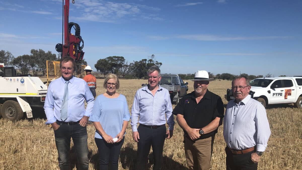 Brenton Vanstone, landholder Debbie Palmer, Pirie Meats chief executive officer Reg Smyth, Port Pirie Council mayor Leon Stephens and Member for Frome Geoff Brock at the Warnertown site where geotechnical test drilling took place last week.