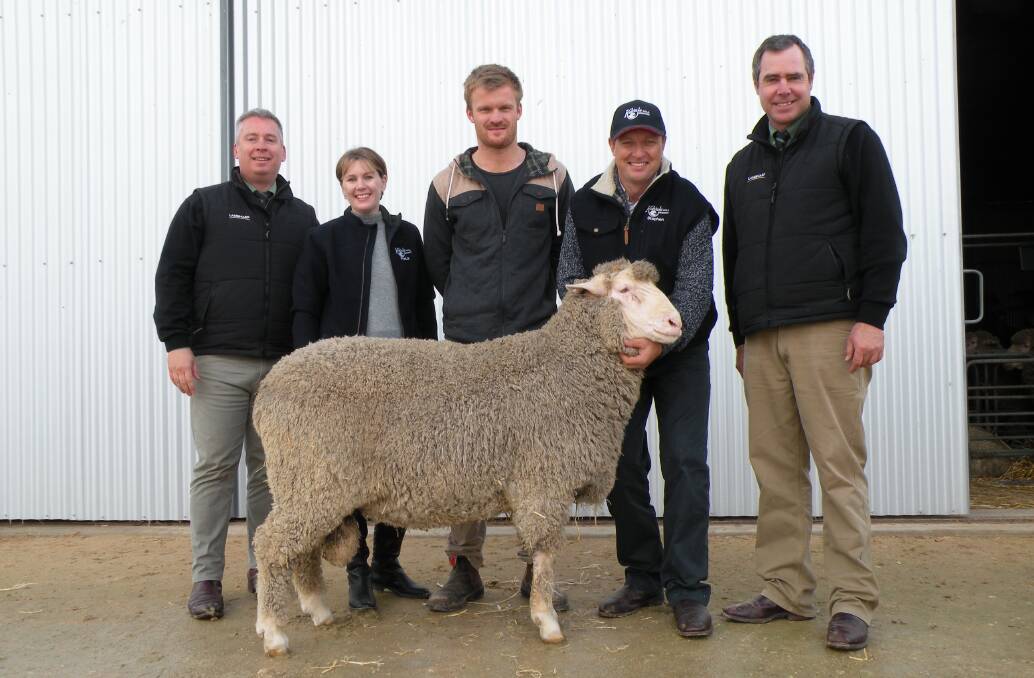 Landmark auctioneers Gordon Wood and Richard Miller (right) with stud principals Peta and Stephen Kellock and Tom Davey, Port Neill (middle).