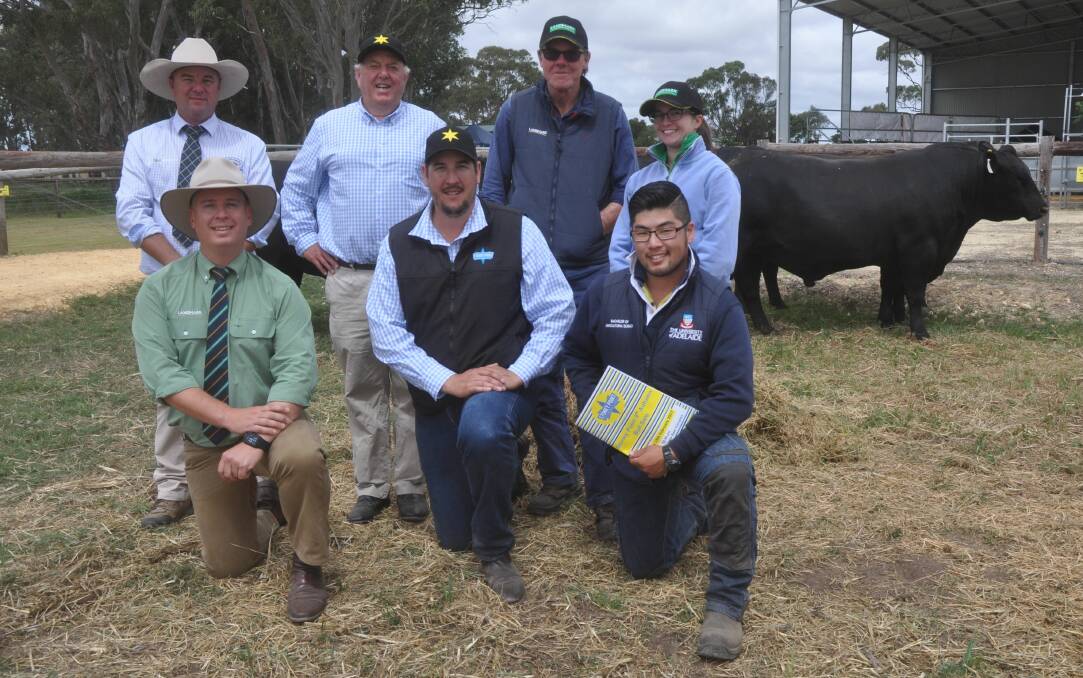 BEST BUY: Spence Dix & Co's Jono Spence (back), Stoney Point director Perry Gunner, buyers Brian Ling, Hayley Maddern and Alex Ling (front right), Mount Benson, with Landmark's Gordon Wood and stud manager Peter Colliver.