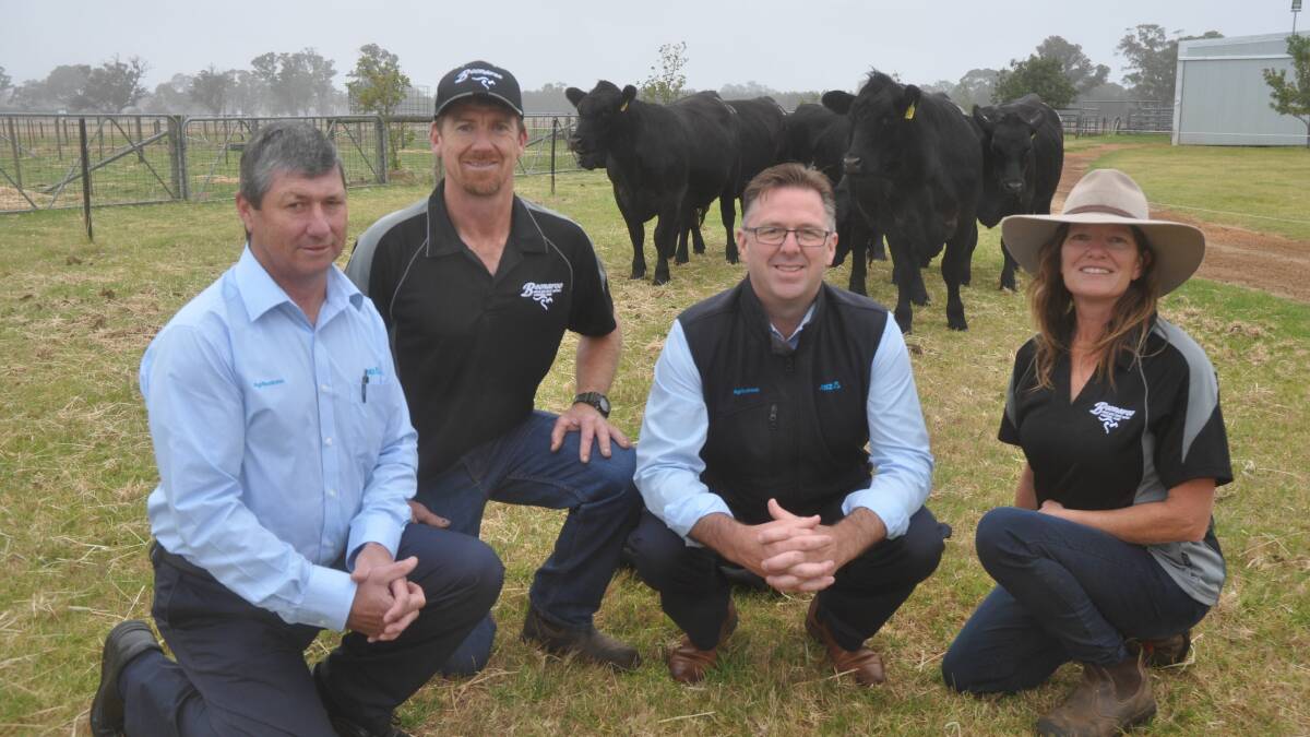MATERNAL STRENGTH: ANZ Mount Gambier relationship manager Joe Clements and assistant manager David Swiggs (third from left) congratulate Shane and Jodie Foster, Boonaroo Angus stud, Casterton on winning the  ANZ Heifer Challenge.