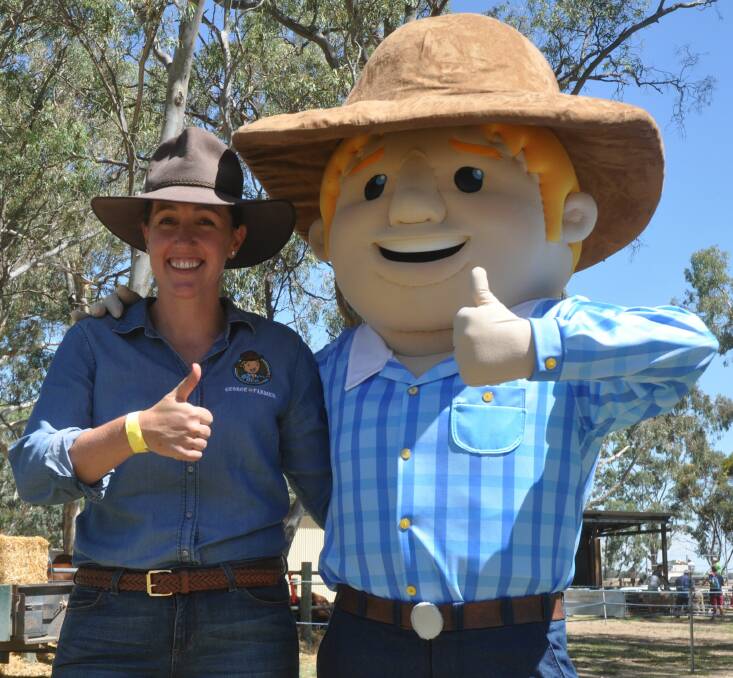 POPULAR CHARACTER: SA RIRDC Rural Woman of the Year Simone Kain, Penola, with the George the Farmer character she created with business partner Ben Hood.