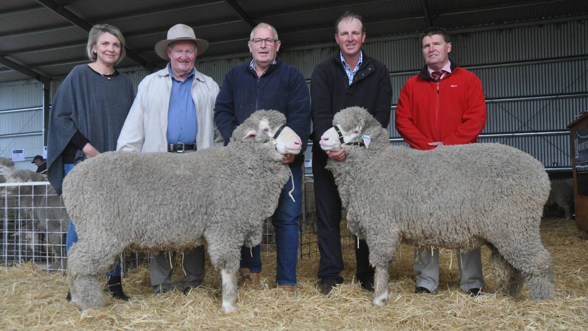 DOUBLE DELIGHT: White River stud, Poochera bought two rams at $10,000 each. Pictured are Bernadette Davidson, White River's eastern states rep Bill Mildren, stud principals John and Wes Daniell and Elders stud stock's Tony Wetherall.