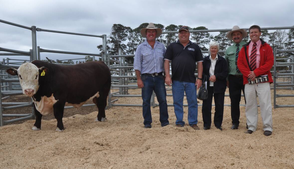SALE RECORD: Mark Wilson, Kerlson Pines stud, Keith with buyers of the $19,000 top priced bull Brenton Jones, Quality Livestock, Melrose and client Lorna Goodridge, Peterborough. Also pictured is Landmark Keith's Noel Evans and Elders auctioneer Tony Wetherall.