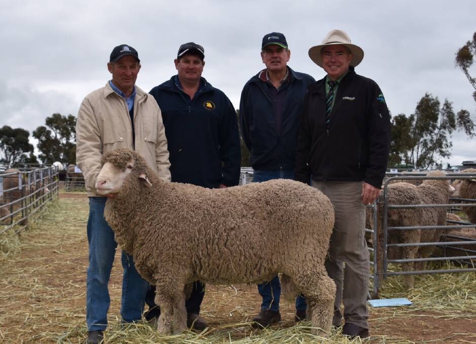 HIGH GROWTH: Mernowie principal Ian Rowett with the $4800 lot 1 ram, buyers Brendan and Wayne Groves, Booleroo Centre, and Landmark auctioneer Leo Redden. The Groveses also bought the sale-topper at $5800.