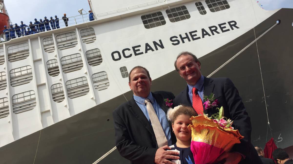 The majestic Ocean Shearer, with crew and Wellard’s chief operating officer Scot Braithwaite, chief executive officer Mauro Balzarini, and Mr Balzarini's daughter Valentina, who is the ship's godmother. 