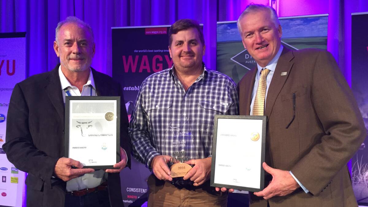 Restaurateur John Kilroy, Cha Cha Char in Brisbande, presents Chad Mitchelmore, from Pardoo Beef Corporation in Western Australia, with the 2016 Grand Champion Wagyu Brand award at the Australian Wagyu Association's conference in the Hunter Valley. AWA president Peter Gilmour is also pictured. 