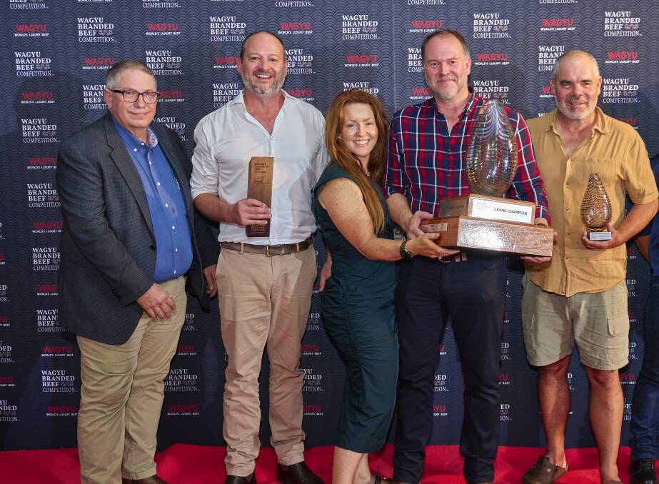 Grand champions in the 2024 Wagyu Branded Beef Competition Mayura Station's Kristy and Scott de Bruin and farm manager Mark Oliver (at front), with (from left) sponsor Terry Donohue, from Ariat Australia and Jeremy Stuart, from reserve champion Andrews Meat Industries.