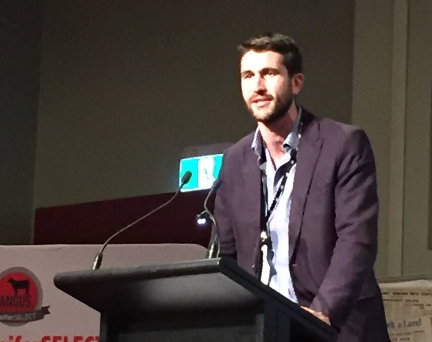 Meat and Livestock Australia's cattle market expert Ben Thomas speaking at the Angus National Conference in Ballarat, Victoria, today.