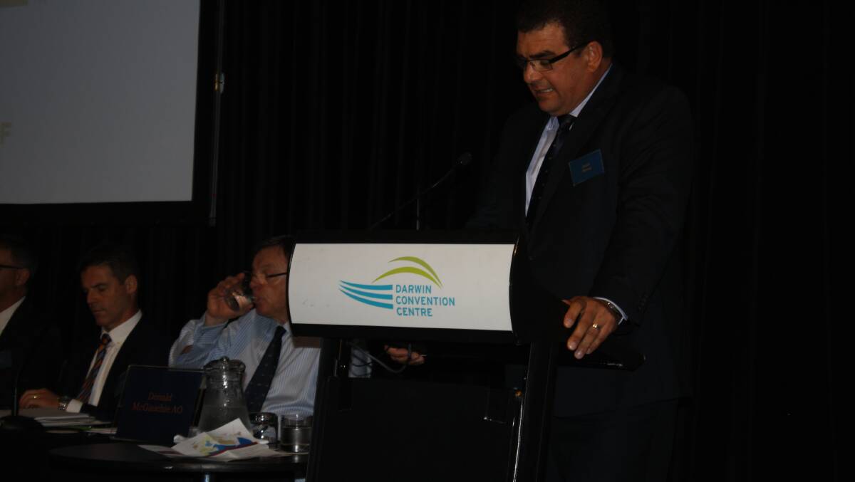 FINAL FAREWELL: Outgoing AACo managing director Jason Strong presents his final report to shareholders at a meeting in Darwin yesterday.