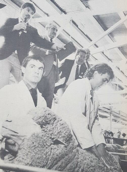1986: Elders' Tony Wetherall taking the bids for his first time at the Adelaide Show ram sale.