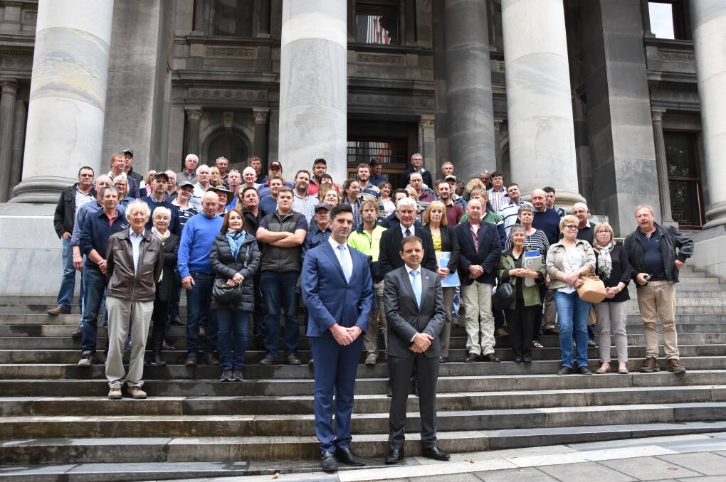SHARED PASSION: Narungga MP Fraser Ellis and MacKillop MP Nick McBride with Yorke Peninsula landholders and supporters at Parliament House on Tuesday.