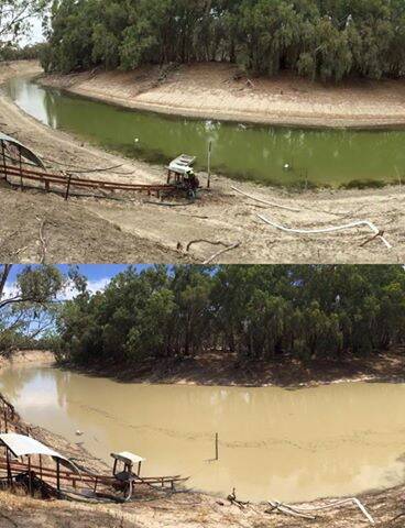COMPARE: Tolarno Station, on the Lower Darling River just south of the Menindee Lakes, in January 2016 (top) compared with January this year (bottom). Photo: DENIKA BARNES