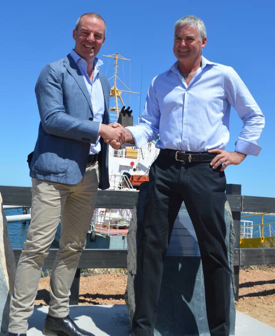 JOINT VENTURE: Free Eyre chief executive Mark Rodda with Sea Transport Developments SA manager Mark Cant at the official Lucky Bay port opening on Friday.