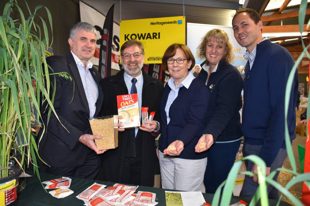 SARDI executive director Peter Appleford, Uncle Tobys R&D manager John Pitcher, SARDI oat breeders Pamela Zwer and Sue Hoppo, and Heritage Seeds portfolio manager Steve Amery at the Kowari oat launch at the Royal Adelaide Show on Monday.