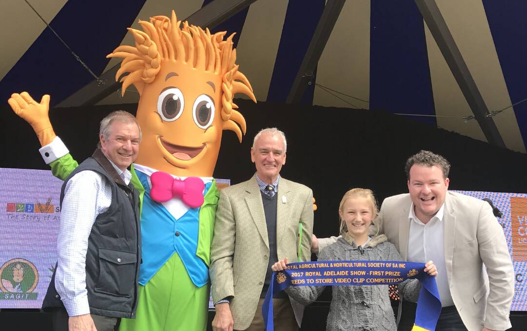 SAGIT project manager Malcolm Buckby, Wheaty McWheatface, GRDC's David Shannon, school clip winner Chelsea Wilksch, Yeelanna, and grains ambassador Andrew ‘Cosi’ Costello.