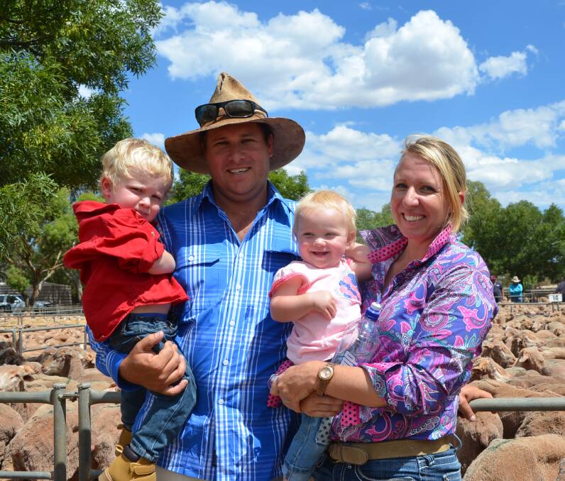 FAMILY AFFAIR: The Barry family of Connor, 2.5, James, Asha, 1, and Jess, Jumbuck Pastoral, via Tarcoola, sold 4500 wethers and ewes at Jamestown last week.