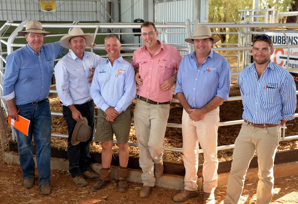 BUY UP: Beef consultant Dick Whale with Spence Dix & Co’s Jono Spence, Coolana's Mark Gubbins, Elders’ Ross Milne, and Princess Royal's Simon and Jack Rowe, Burra.