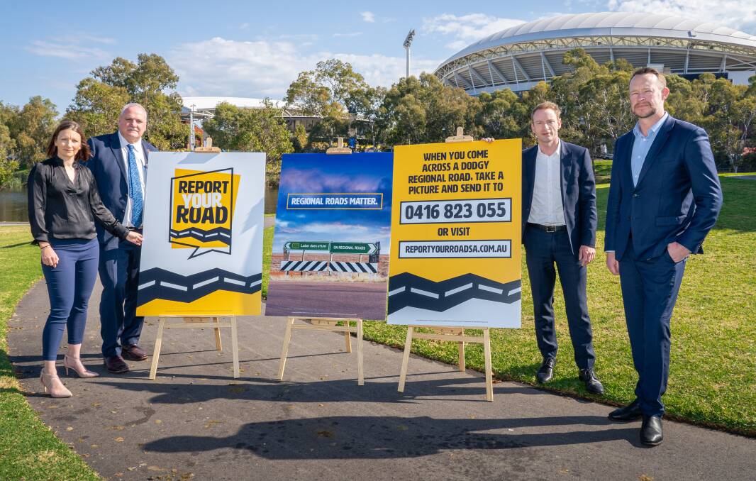 The Liberal Party team of Nicola Centofanti, Adrian Pederick, David Speirs and Ben Hood launching the Report Your Road campaign in Adelaide this week. Picture supplied