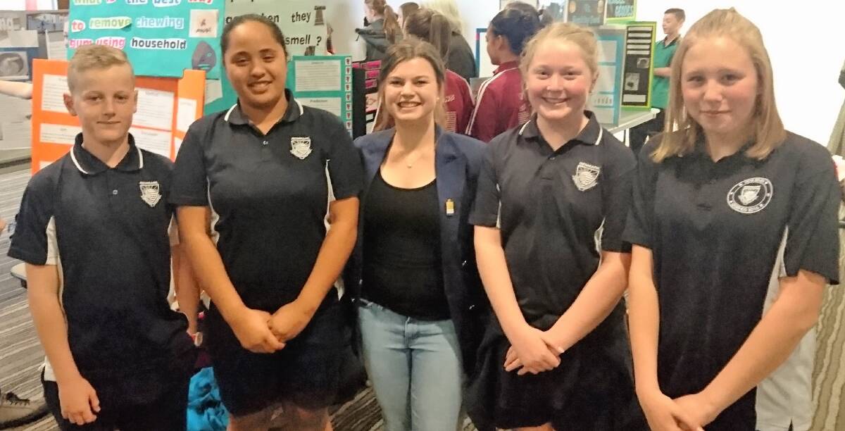 Science awards judge Rebekah Starick (centre) with Renmark Primary Students.