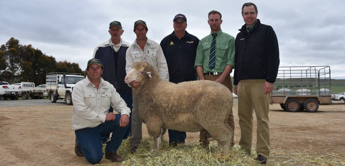 Springvale North's Alex, Peter Snr and Peter Jnr Stockman with Toby Cousins, Platinum Livestock (buying on behalf of the Stratfords for the $5000 top price ram), Landmark Burra's Dale Button and auctioneer Richard Miller. 