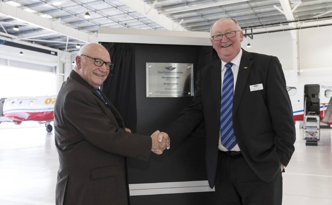 OFFICIAL UNVEILING: Royal Flying Doctor Service Central Operations chairman David Hills opened the base, with RFDS Central Operations chief executive officer John Lynch.