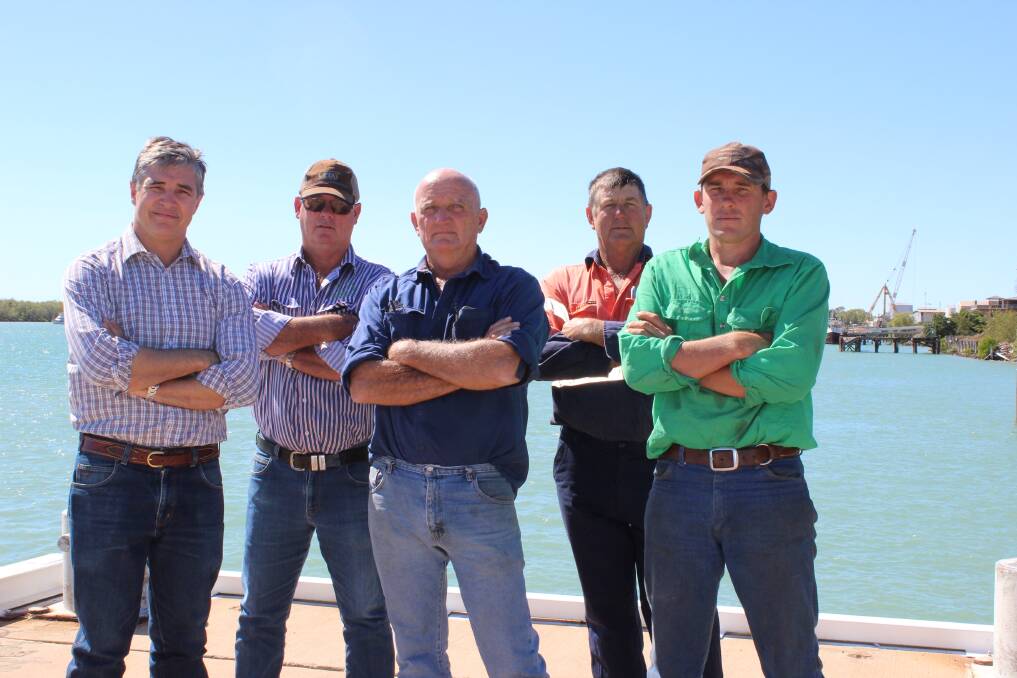 State Member for Mount Isa Robbie Katter, Carpentaria Shire Council deputy mayor Craig Young, mayor Jack Bawden, councillor Peter Wells, and Dean Bradford from Karumba Livestock Exports during discussions to dredge the Port of Karumba.