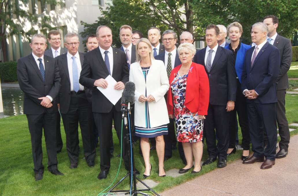 Barnaby Joyce and Fiona Nash front-lining their party's media conference to talk-up their achievements.