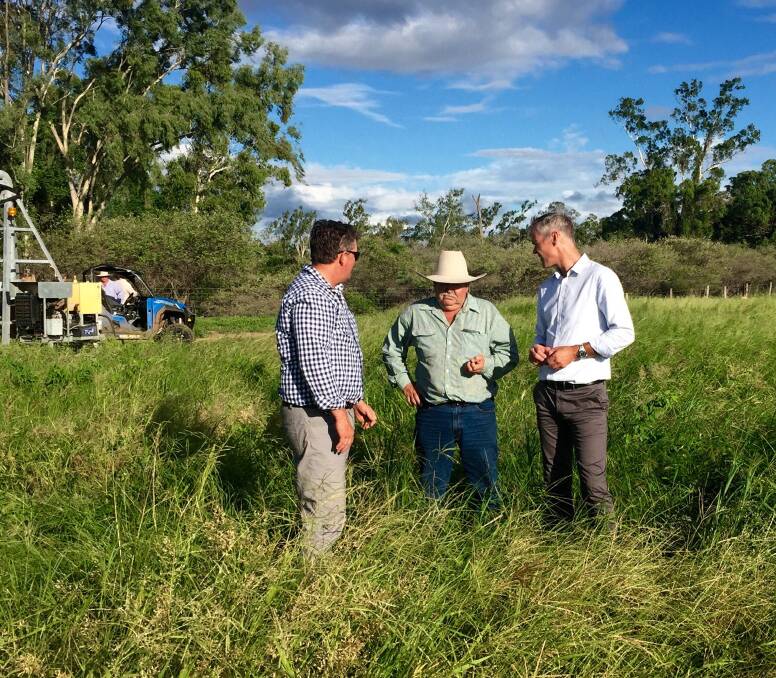AgForce President Grant Maudsley (left), Charters Towers’ grazier John Brownson who is in the firing line of the defence land grab in his home region and National Farmers’ Federation CEO Tony Mahar.