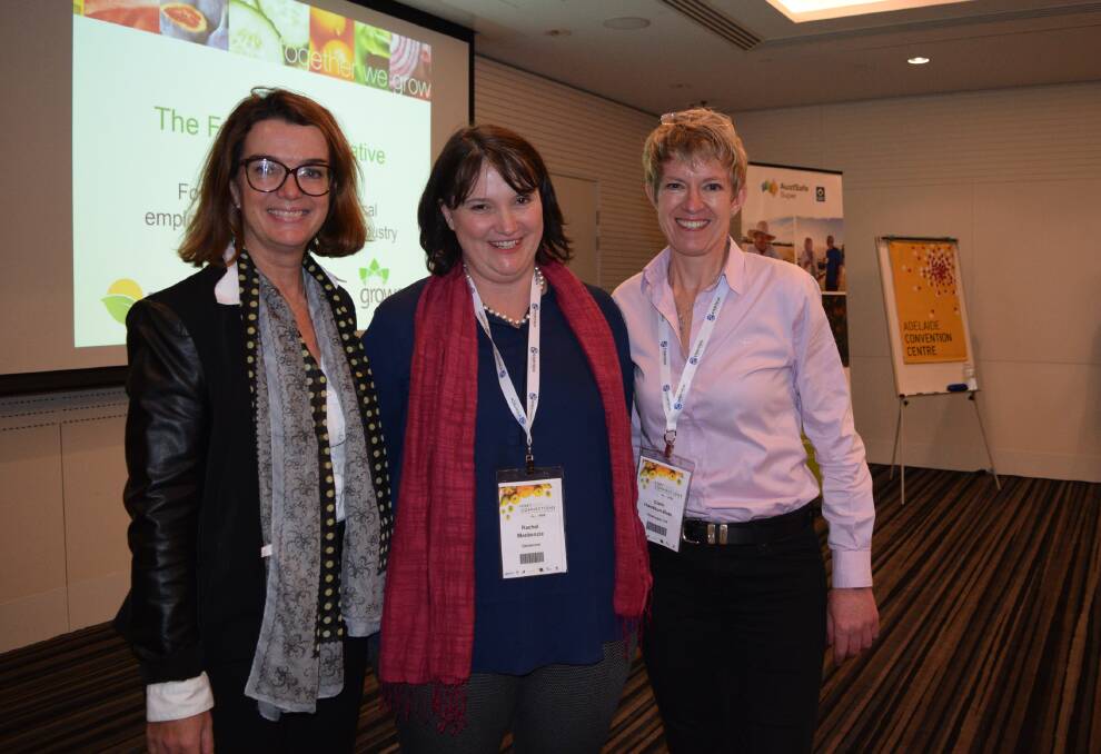 GO TO LAUNCH: Assistant Minister for Agriculture and Water Resources, Anne Ruston, with Growcom chief advocate, Rachel Mackenzie and Freshcare executive officer, Clare Hamilton-Bate, at the launch of the new Fair Farms Initiative at Hort Connections in Adelaide.
