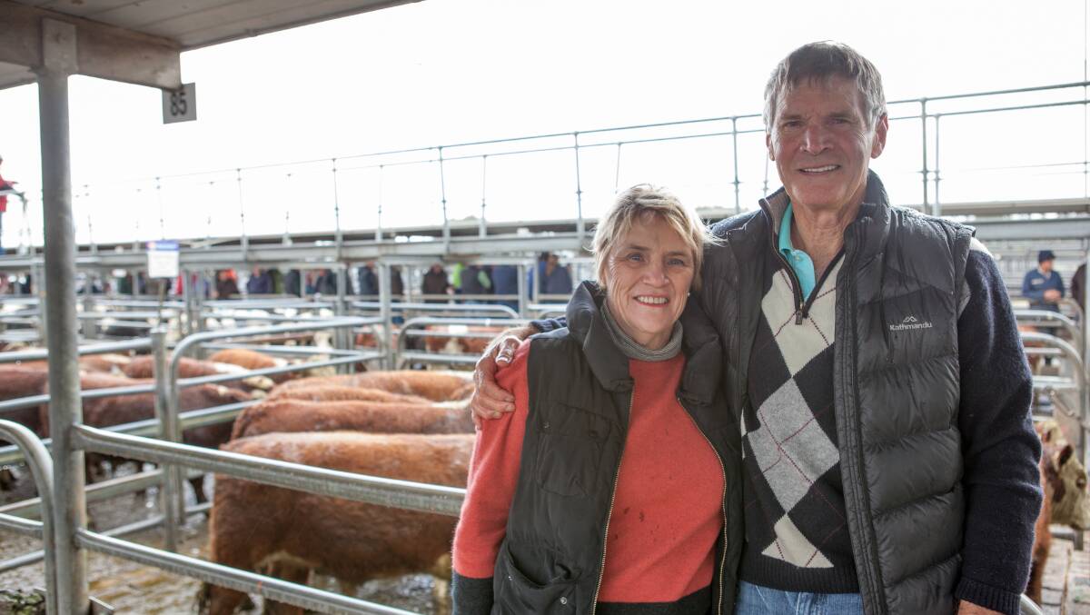BUYING UP: Shylie Yelland and Jack Hassell, Lucindale, bought two pens of EU accredited Nayook South Hereford steers, 12-14 months, for an average of $1277, with the top draft averaging 367kg at $1325 or $3.61kg.