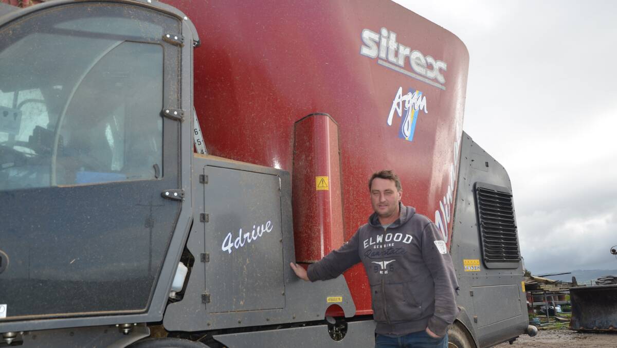 FORWARD THINKING: Tristan Mulhern recently invested in a cutting edge self-propelled feed mixer as a long-term cost-saving measure for the Hilltop View dairy at Inman Valley. 