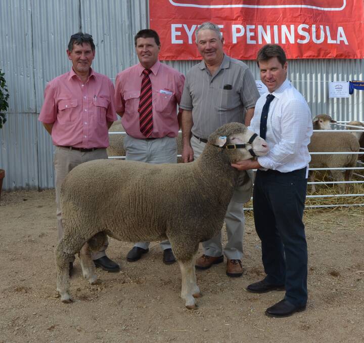 RARE BLOODLINE: Elders' Mark Bellenger, Tumby Bay, Elders Stud Stock's Tony Wetherall, buyer Graham Moir, Glenelg Stud, Amelup, WA, and Lawral Park principal Campbell Lawre, Ungarra, with the second top price ram.