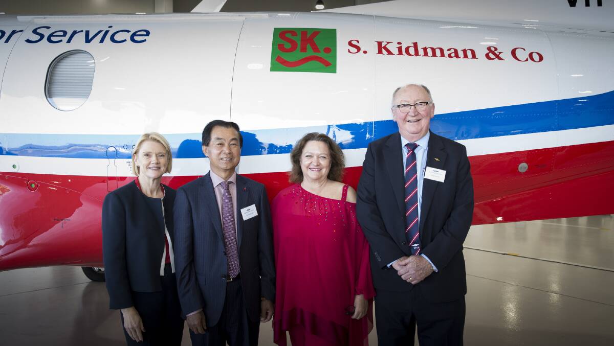 PARTNERSHIP: RFDS Central Operations chair Loretta Reynolds, S Kidman & Co joint venture partner Shanghai CRED chair Gui Guojie, Hancock Prospecting and S Kidman & Co executive chair Gina Rinehart, and RFDS Central Operations CEO John Lynch at the unveiling of the new logo on Zulu.