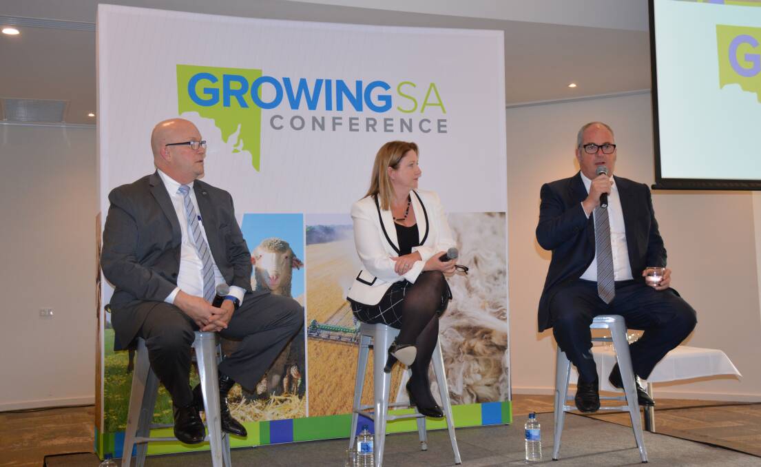 PRIORITIES SHARED: State Opposition agriculture spokesperson David Ridgway, NXT agriculture spokesperson and Member for Mayo Rebekha Sharkie and Agriculture Minister Leon Bignell at the Growing SA conference.