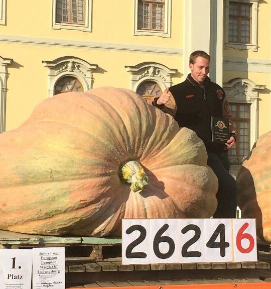INSPIRATION: Mathias Willemijns with his world record pumpkin in Germany last year, weighing 1190.5kg or 26246 pounds.