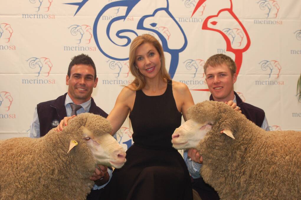 SPECIAL GUEST: AWI ambassador and television personality Catriona Rowntree (centre) pictured with James Vandeleur, Saddleworth, and Alistair Keller, Minlaton. Ms Rowntree will be presenting the sheep and wool prizes at the Jamestown Show.