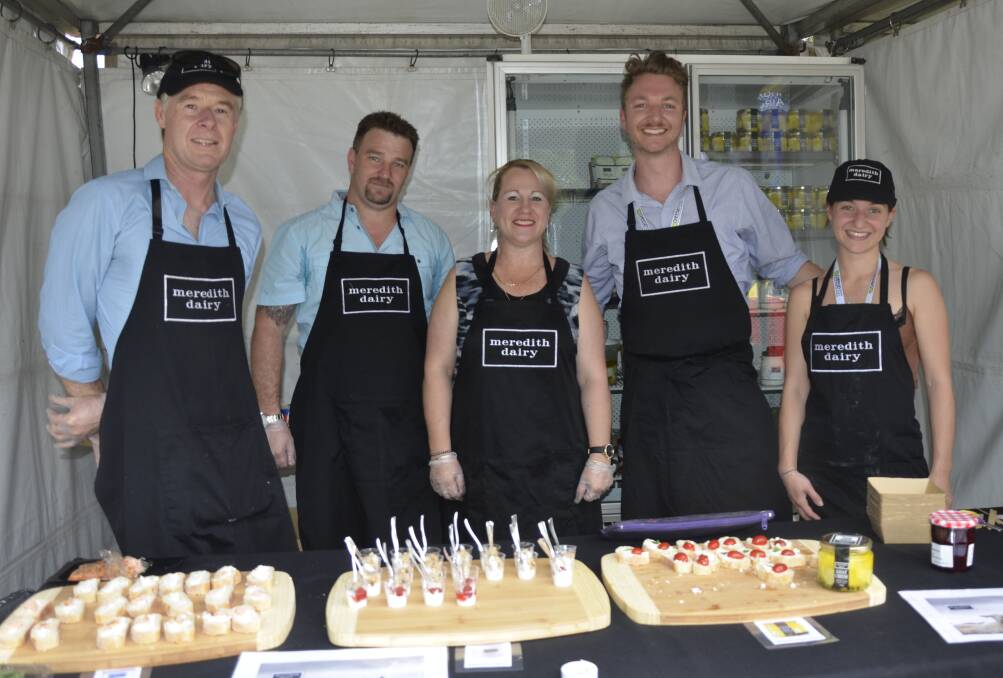 NEXT STEP: Manning the Meredith Dairy stand at the 2015 CheeseFest were Rugby Wilson, Kari Headon, Aaron Stoker, Angus Cameron and Maddi Webster. 