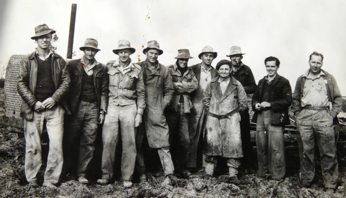 WORK CREW: Returned soldiers Alan Teagle, Jack Tremaine, Jack Coombs, Peter McArthur, Arch Willson, Howard Peck, Shorty Challens, Ivor Kelly, Ellis Guster and Ted Riggs clearing land.  